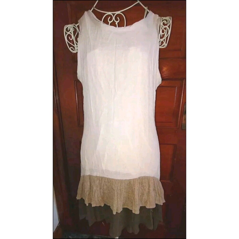 EUC Sz Med Adorn Linen Cream/Brown Ruffle Dress Boho Hippie Lined
